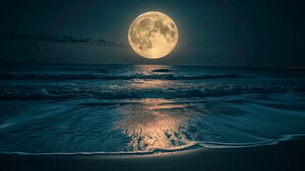 full moon over the ocean at night