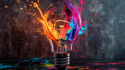 a light bulb exploding with colorful splashes of paint on a solid color background