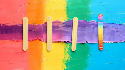 pride month background concept with ripped white mock up paper on colorful popsicle sticks,LGBTQ colors for background, rainbow colors,Pride community, flat lay and copy space concept. Stock Photo pho