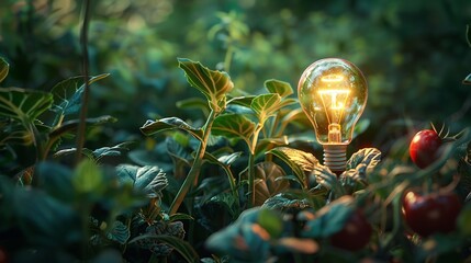 A Light Bulb Growing With Green Plants And Shining , Fruit Plants , Green energy Concept .