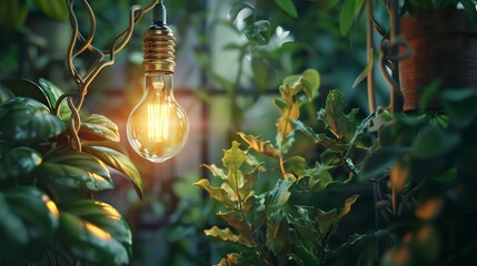 A Light Bulb Giving Proper Warm Light To Green Plants , Hanging Upside Down , Green Energy concept