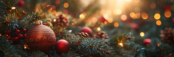 Sparkling Christmas ornament nestled in a pine tree. Christmas garland on a fir branch, bokeh,...