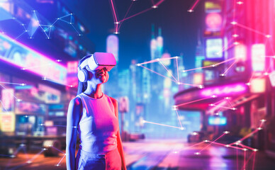 Smart female standing in cyberpunk style building in meta wear VR headset connecting metaverse,...