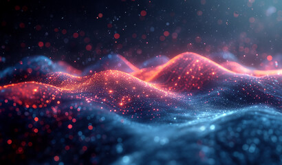 Abstract digital background with colorful glowing lines forming waves and hills, representing data visualization in the style of technology or science. Colorful gradient lines and glowing dots. - obrazy, fototapety, plakaty