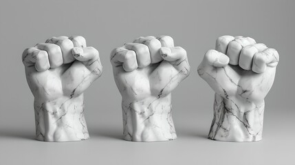 Three marble fists raised in unison represent strength and unity. Classic sculpture style conveys power and resistance. Ideal for diverse uses. AI