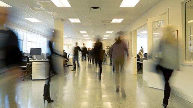 Motion blur of the inside of a busy office day work and rush hour hurry and pace , capturing the fast life .
