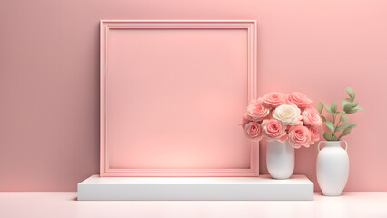 a vase with flowers and a picture frame on a pastel shelf