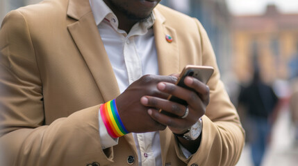 unrecognizable african businessman with LGBT bracelet using smartphone outdoors. Diversity concept. Stock Photo photography