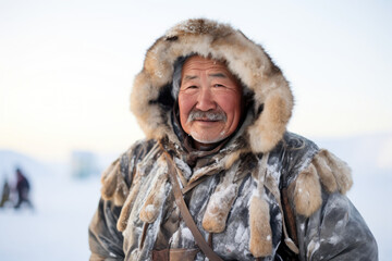Cheerful Inuit man in hooded fur parka in Arctic region - obrazy, fototapety, plakaty
