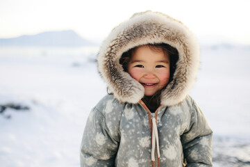 Joyful Inuit child with fur hood smiling in snowy environment - obrazy, fototapety, plakaty