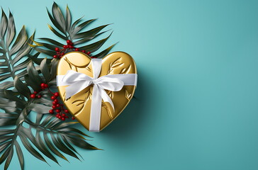 gift box and tropical leaves on blue background, generative Ai