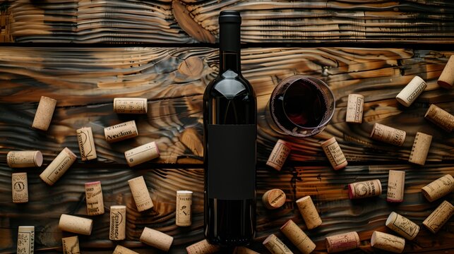 Elegant Wine Bottle and Glass with Assorted Corks on Wooden Table. Ideal for Wine Connoisseurs and Dining Themes. High-Quality Presentation. AI