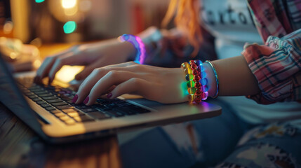 woman's hand with lgtbi bracelet working from her laptop Stock Photo photography