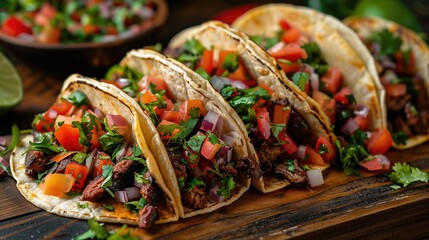 A row of tacos made with various ingredients on a wooden cutting board