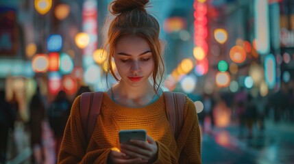 Obraz premium A young woman engages with her smartphone on a bustling city street as dusk sets in. The glow of her screen illuminates her face,