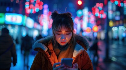 Fototapeta premium A young woman engages with her smartphone on a bustling city street as dusk sets in. The glow of her screen illuminates her face, 