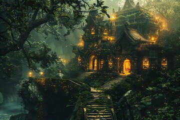 enchanting fantasy temple hidden in a lush mystical forest intricate architecture glowing lights magical atmosphere digital wallpaper illustration