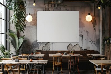 Modern Cafe Interior with Blank Art Canvas on Wall