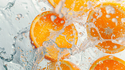 Fresh orange slices splashed with water, vivid and refreshing citrus background