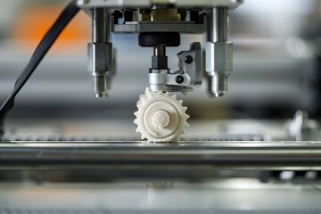 extreme closeup of 3d printer extruder finishing fabrication of mechanical gear product photography
