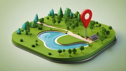 Pin icon for location on a plot of green land, an estate investment, or a parcel of land intended for construction. Section of a three-dimensional ground slice - obrazy, fototapety, plakaty