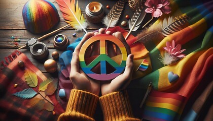 Peace Zeichen in Regenbogenfarben als flatlay, Pride, LGBT Community