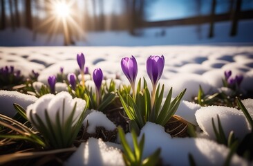 Purple Crocuses, primroses, flowers bloom in the snowy terrain, adding color to the natural landscape
