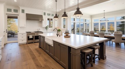 Traditional kitchen in beautiful new luxury home with hardwood floors, wood beams, and large island quartz counters. Includes farmhouse sink, elegant pendant lights.