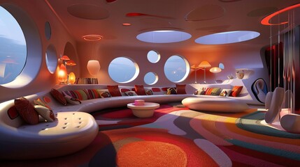 Retro futuristic living room of the future with porthole windows and conversation pit