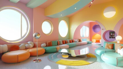 A colorful and futuristic living room