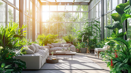 A sun-drenched conservatory with floor-to-ceiling windows - Powered by Adobe