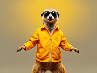  funny meerkat dancing with sunglasses with yellow background generative AI - Powered by Adobe
