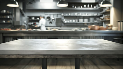 Blank table mockup with restaurant kitchen interior background