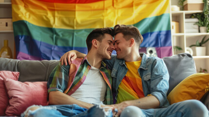 Obraz premium Close up young happy couple two gay men wear casual clothes together hug kiss shoulder sit on sofa couch at home flat rest spend free spare time in living room. Pride day june month love lgbtq concept