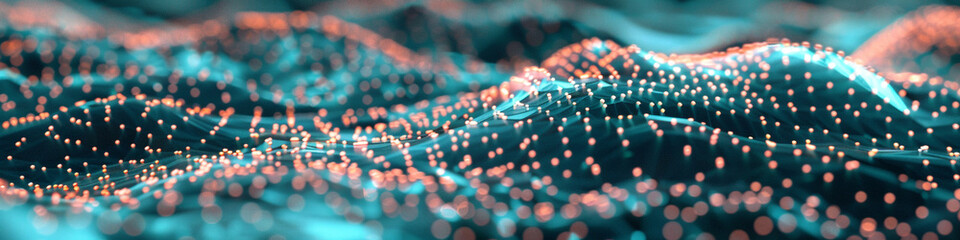 An ethereal array of interconnected digital points, glowing with colors of aqua and peach in a patterned network.