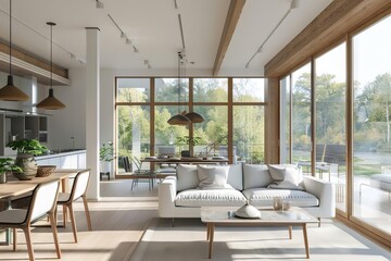 airy and bright modern interior with white walls and wooden accents nature view 3d rendering