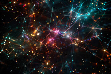 An ethereal web of digital connectivity depicted with glowing, multicolored lines in a dark void.