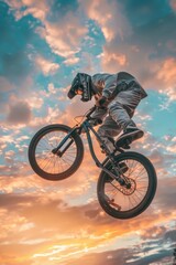 BMX cyclist performing a stunt against a vibrant sunset sky