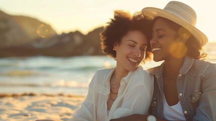 Close-up of young gay couple sitting hugging on the beach, smiling, talking and kissing Stock Photo photography