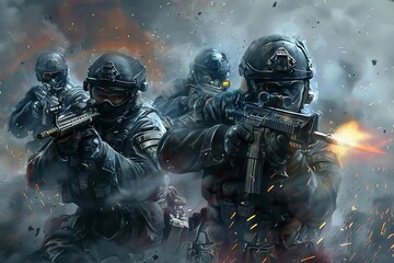 armed forces elite special ops soldiers with hightech weapons dramatic action illustration