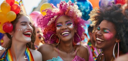 Friends Laughing Together at Colorful Carnival Parade.