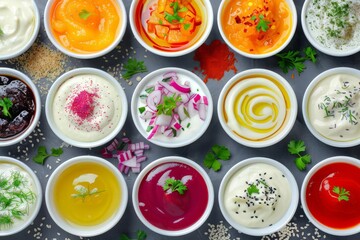 assorted colorful dip sauces in bowls top view variety of flavors food photography