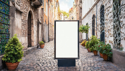 Outdoor mockup of a blank information poster on patterned paving-stone; an empty vertical street banner template in an alley; billboard placeholder mock-up on a city boulevard in an alleyway outdoors