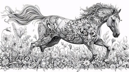 Dynamic coloring page of Horse with intricate patterns and flowers, ready for artistic touch