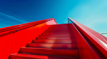 Closeup of red airplane stairs with blue sky