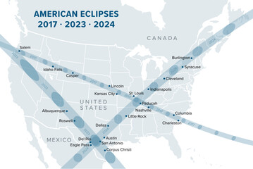 American Eclipses of 2017, 2023 and 2024, political map. Paths of the Annular Solar Eclipse of October 14, 2023, and the Total Solar Eclipses of August 21, 2017, and April 8, 2024, with major cities.
