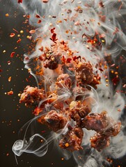 Explosive Deconstructed Ostrich Sausage Vibrant Pepper and Oil Burst Through Smoky Air