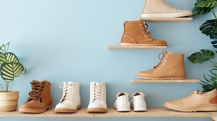 Variety of Modern Footwear Display on Shelves Against Blue Wall with Green Plants