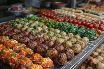 Fototapeta premium Colorful Middle Eastern food bazaar with an exquisite selection of kebabs and falafels.. AI generated.