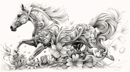Dynamic coloring page of Horse with intricate patterns and flowers, ready for artistic touch